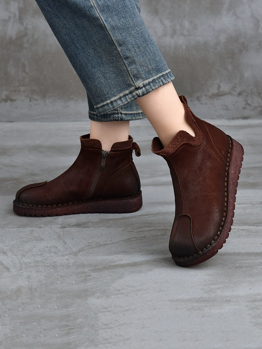 Women Vintage Leather Spliced Flat Ankle Boots