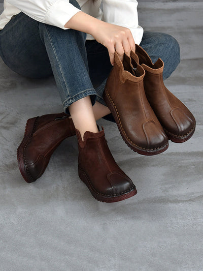 Women Vintage Leather Spliced Flat Ankle Boots