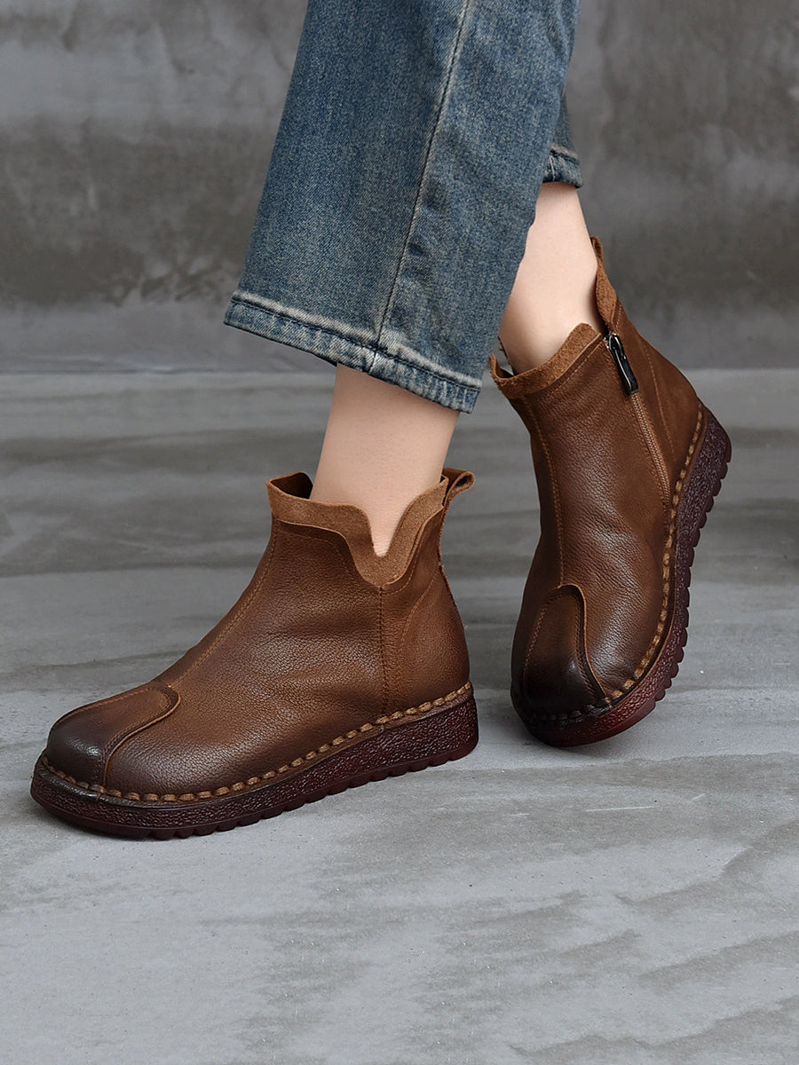 Women Vintage Leather Spliced Flat Ankle Boots