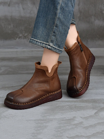 Women Vintage Leather Spliced Flat Ankle Boots