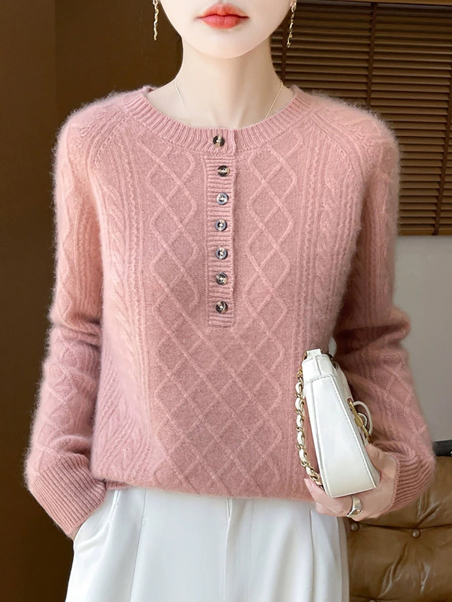 Women Autumn Vintage Rhomboids Wool O-Neck Sweater