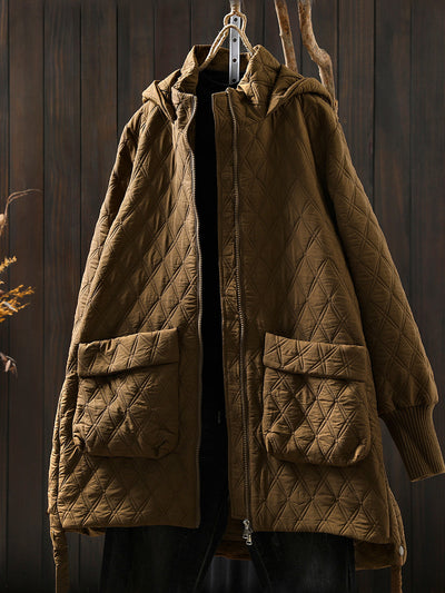 Women Autumn Casual Rhomboids Hooded Cotton Coat