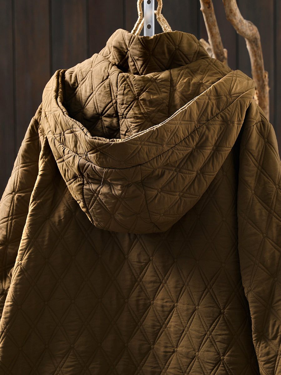 Women Autumn Casual Rhomboids Hooded Cotton Coat