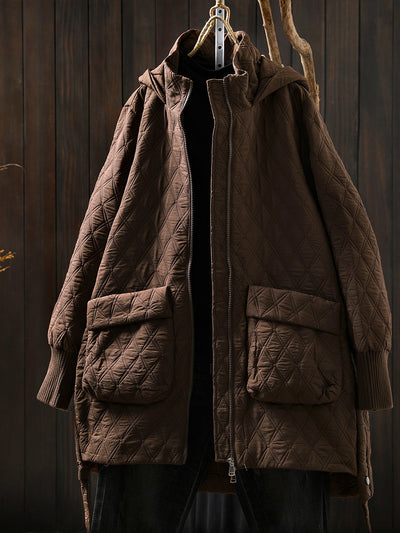 Women Autumn Casual Rhomboids Hooded Cotton Coat