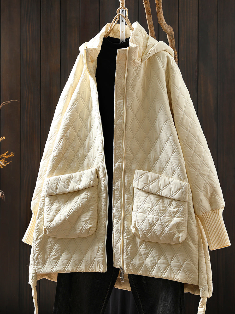 Women Autumn Casual Rhomboids Hooded Cotton Coat
