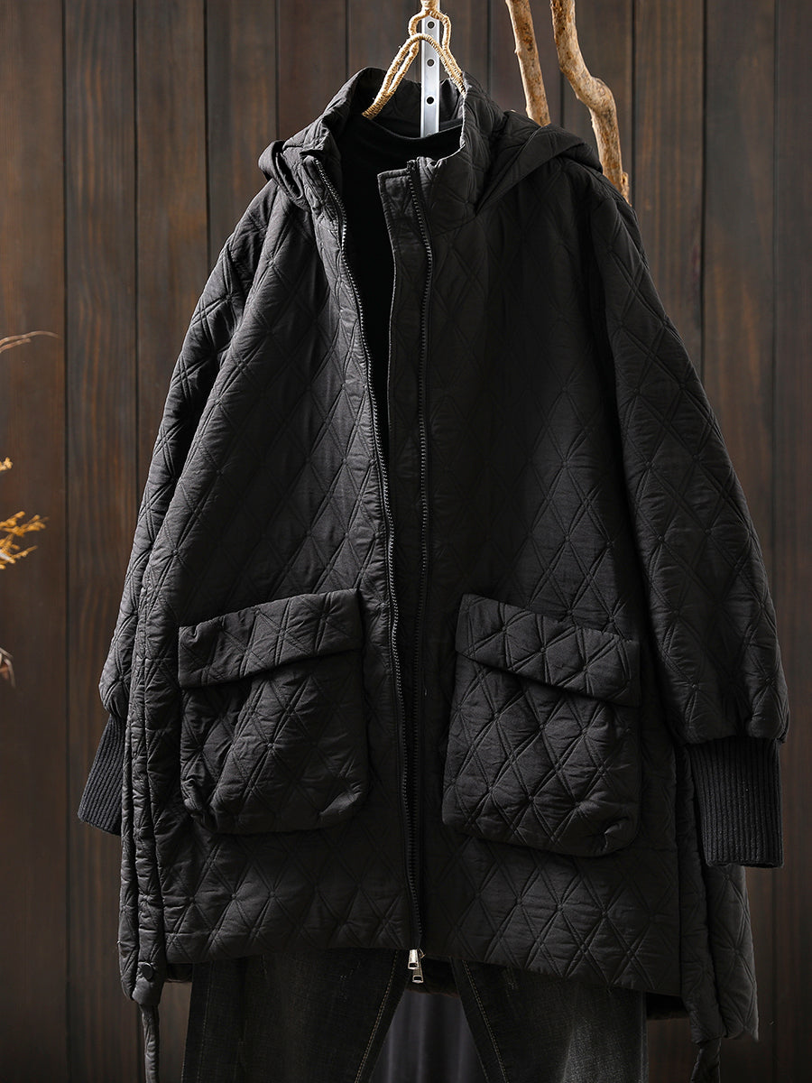 Women Autumn Casual Rhomboids Hooded Cotton Coat