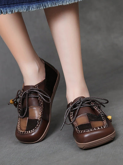 Women Retro Genuine Leather Plaid Spliced Flat Shoes