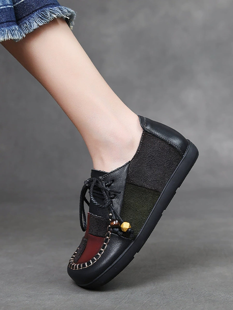 Women Retro Genuine Leather Plaid Spliced Flat Shoes