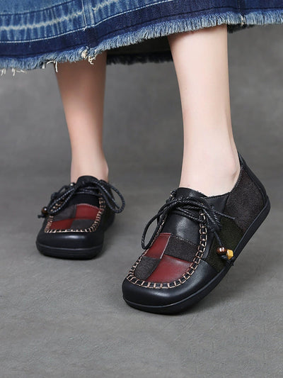 Women Retro Genuine Leather Plaid Spliced Flat Shoes