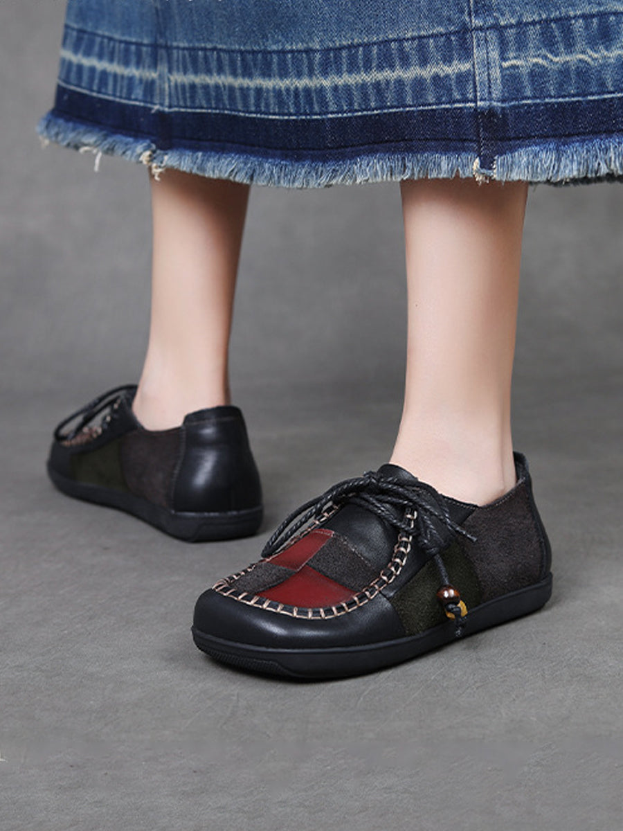 Women Retro Genuine Leather Plaid Spliced Flat Shoes