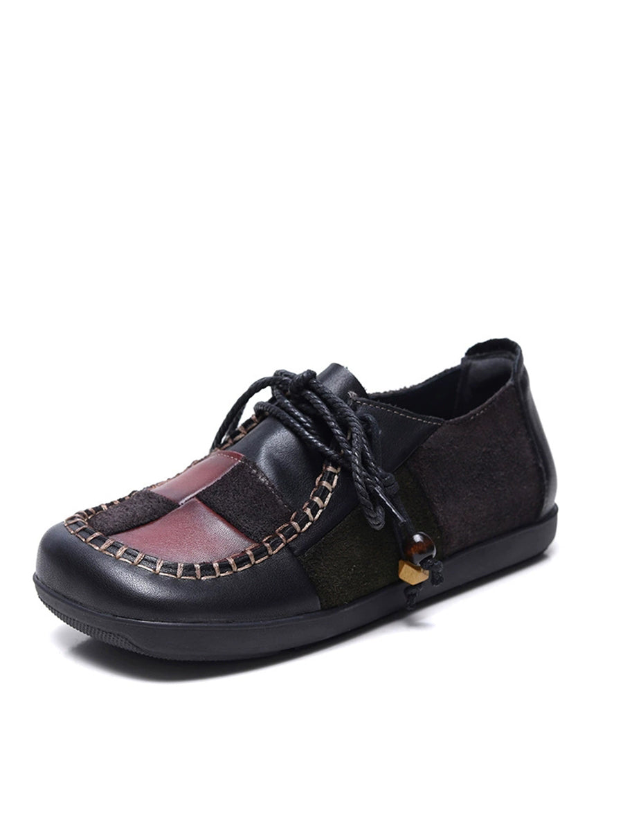 Women Retro Genuine Leather Plaid Spliced Flat Shoes