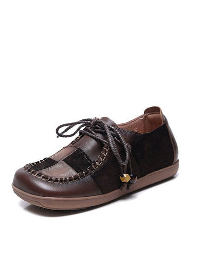 Women Retro Genuine Leather Plaid Spliced Flat Shoes