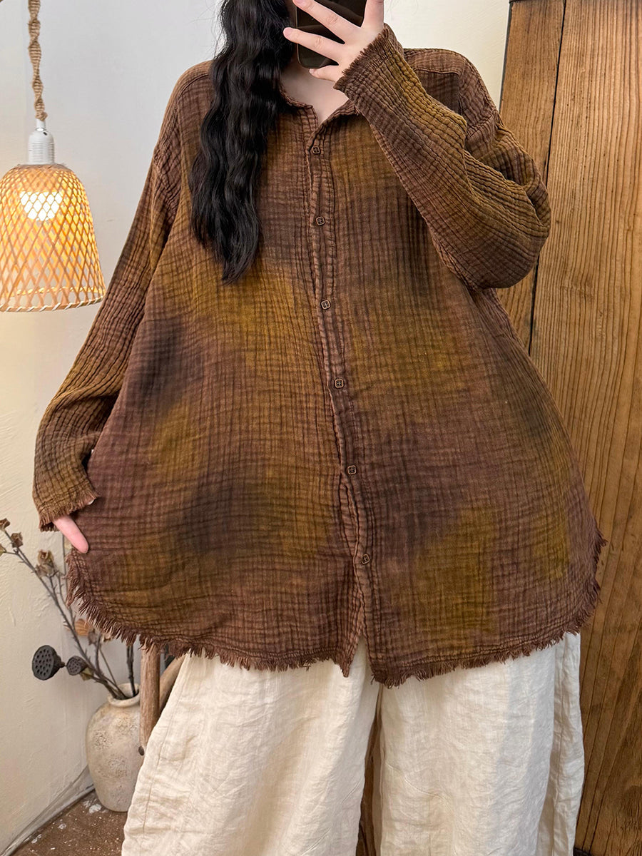 Women Autumn Retro Tie-dye Turn-down Collar Cotton Shirt