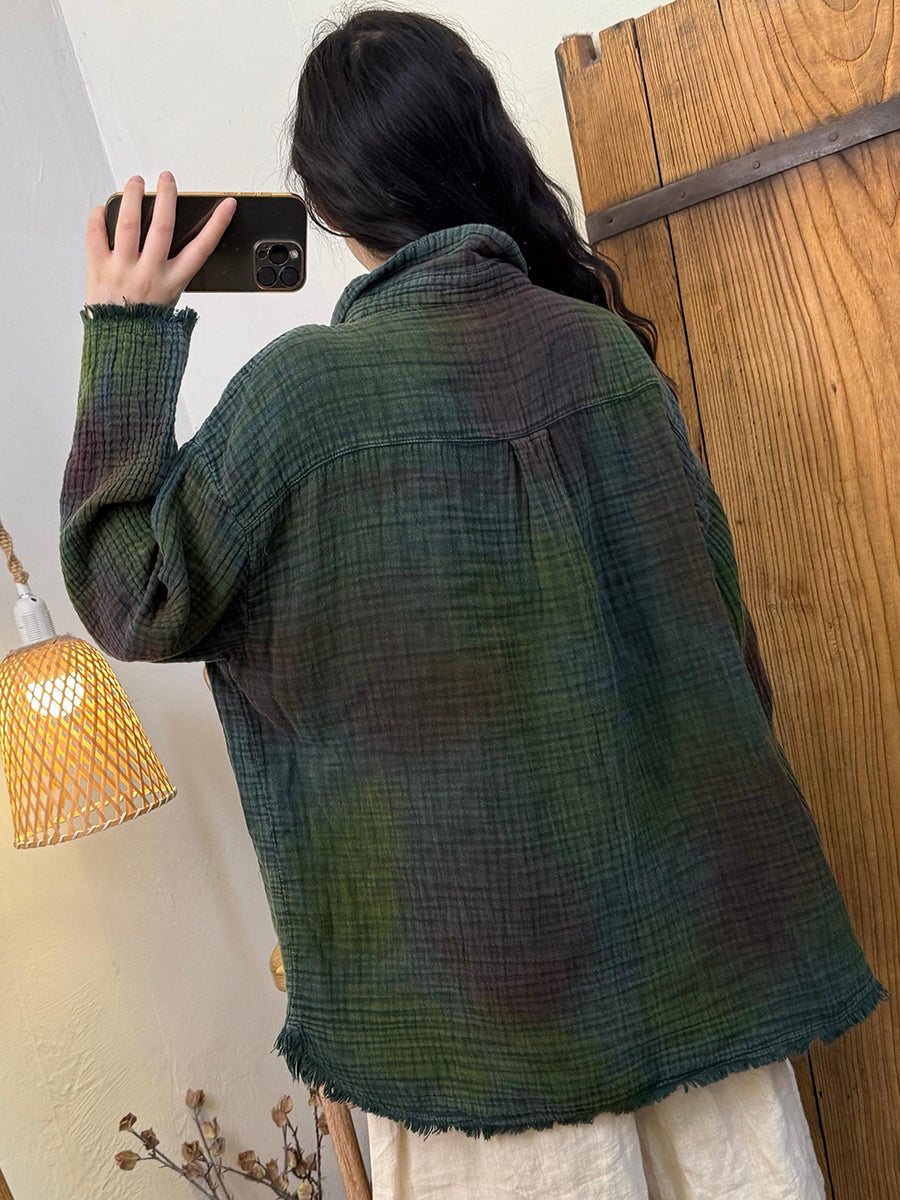 Women Autumn Retro Tie-dye Turn-down Collar Cotton Shirt