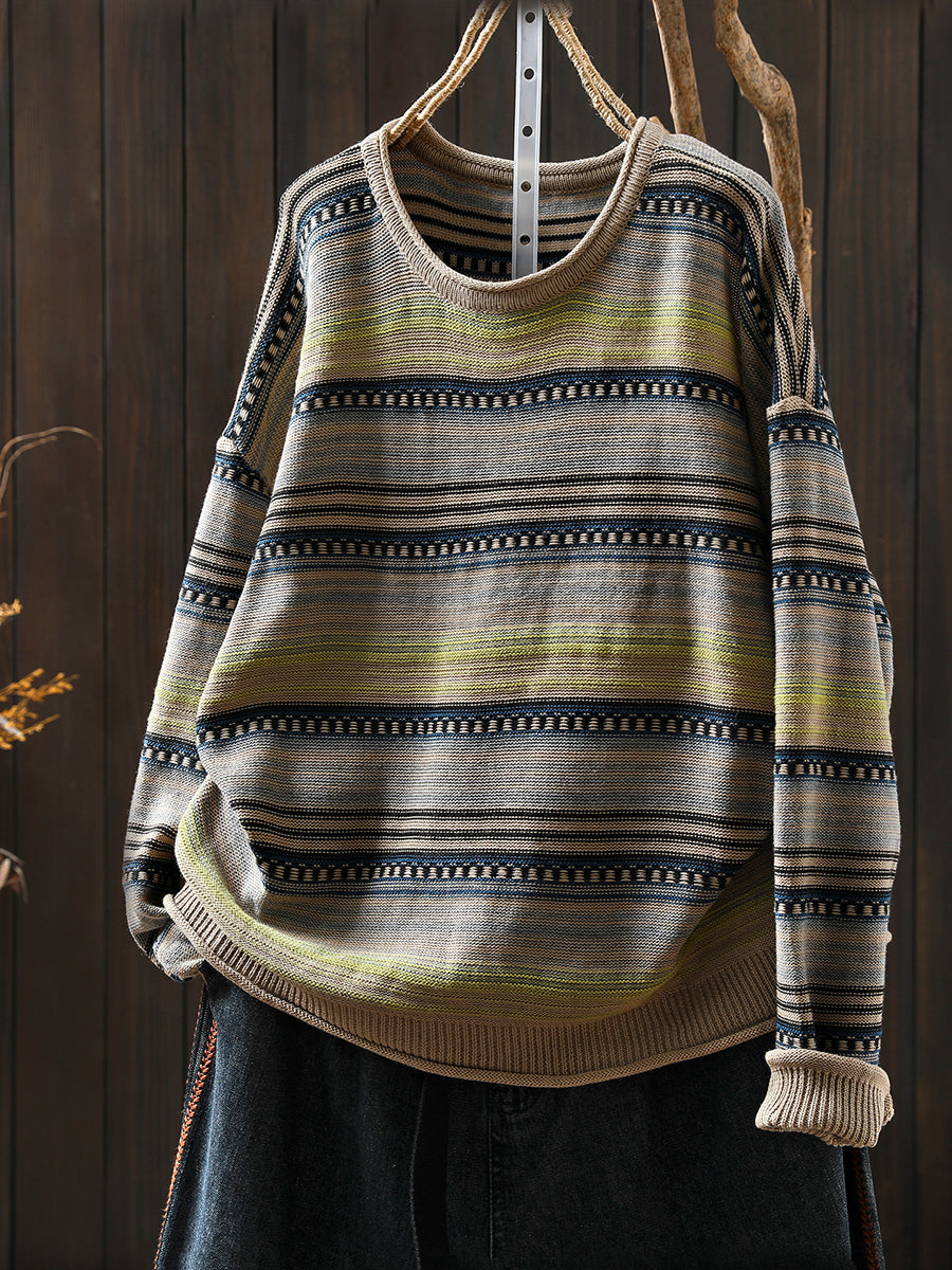 Women Autumn Retro Stripe O-Neck Knitted Sweater