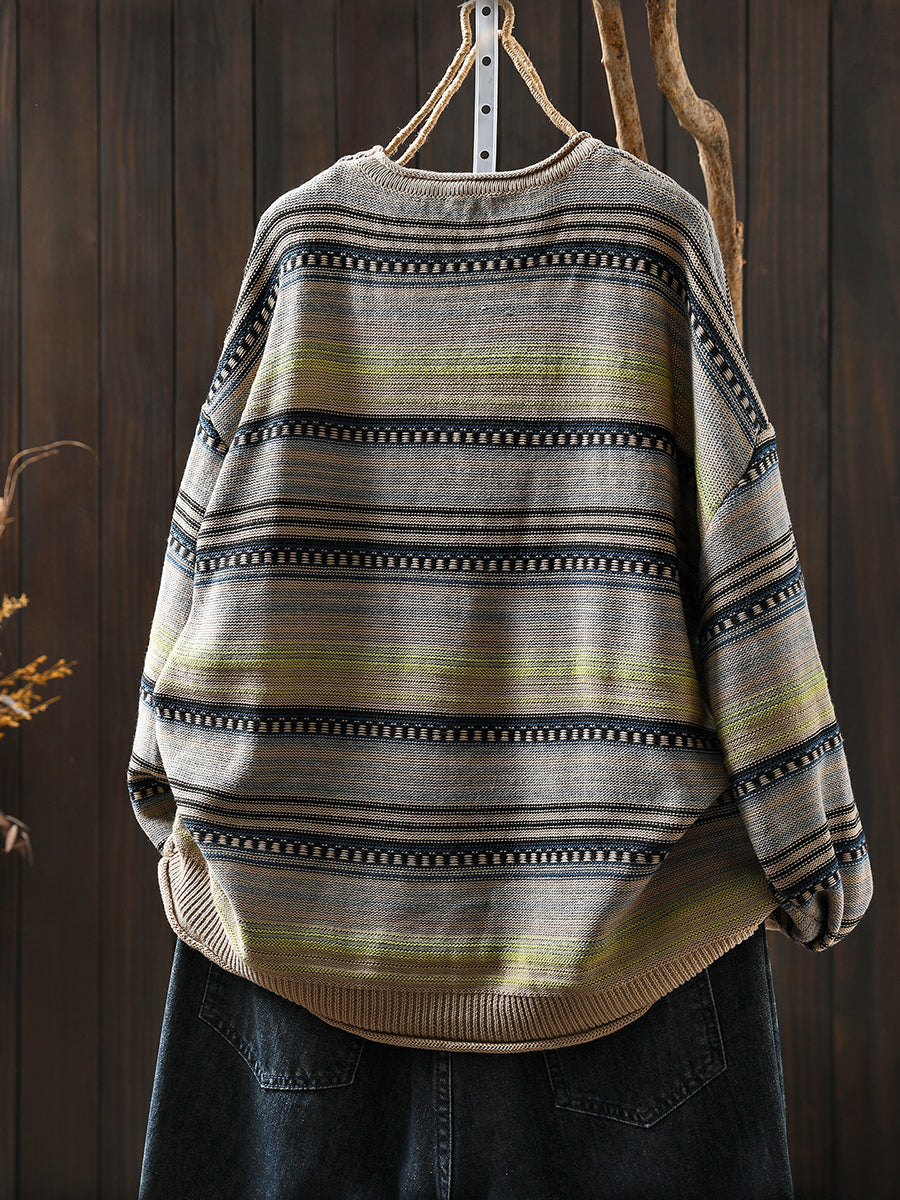 Women Autumn Retro Stripe O-Neck Knitted Sweater