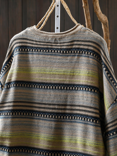 Women Autumn Retro Stripe O-Neck Knitted Sweater