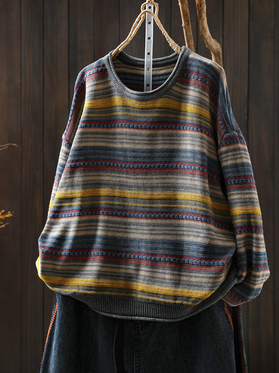 Women Autumn Retro Stripe O-Neck Knitted Sweater
