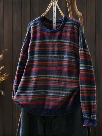 Women Autumn Retro Stripe O-Neck Knitted Sweater