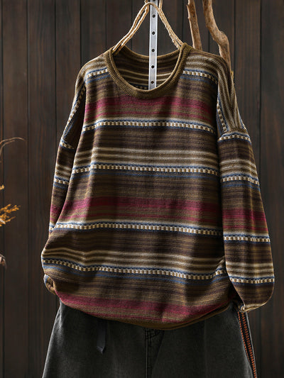 Women Autumn Retro Stripe O-Neck Knitted Sweater