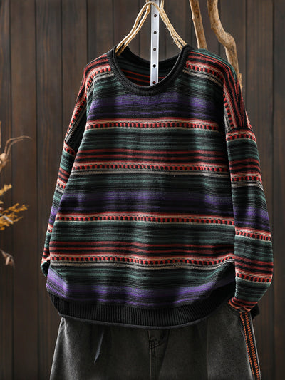 Women Autumn Retro Stripe O-Neck Knitted Sweater
