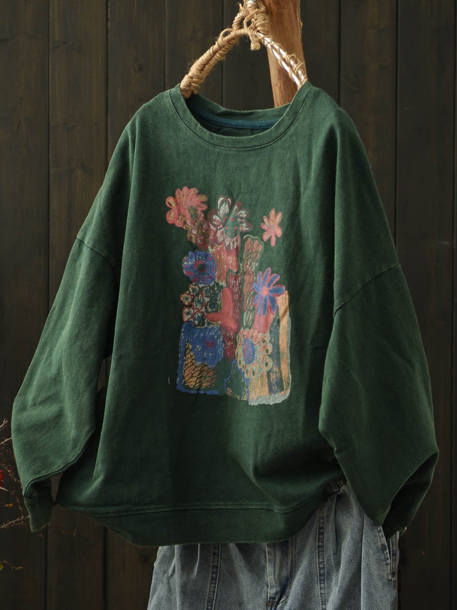 Women Autumn Artsy Flower O-Neck Cotton Blouse