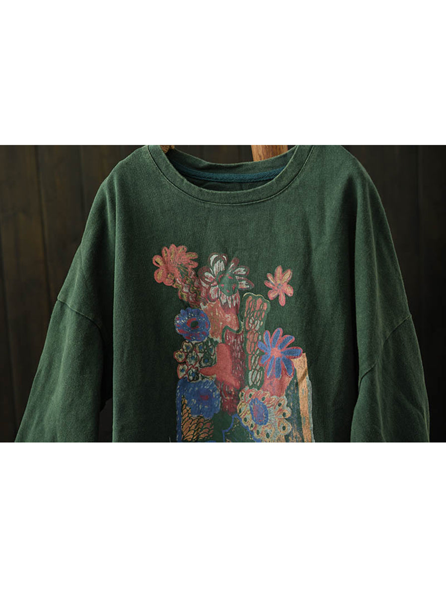 Women Autumn Artsy Flower O-Neck Cotton Blouse
