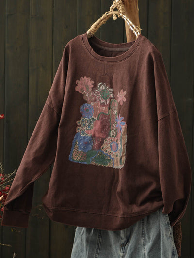 Women Autumn Artsy Flower O-Neck Cotton Blouse