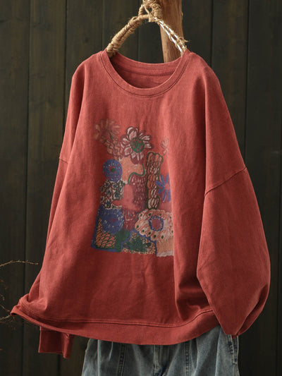 Women Autumn Artsy Flower O-Neck Cotton Blouse