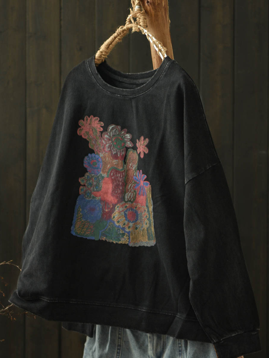 Women Autumn Artsy Flower O-Neck Cotton Blouse