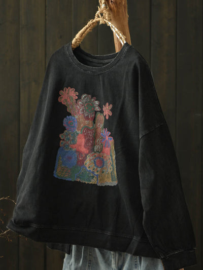 Women Autumn Artsy Flower O-Neck Cotton Blouse