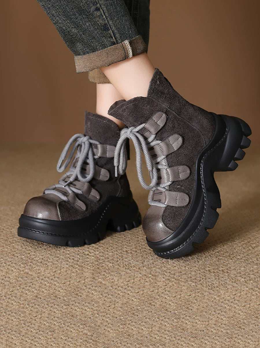 Women Suede Leather Spliced Platform Martin Boots