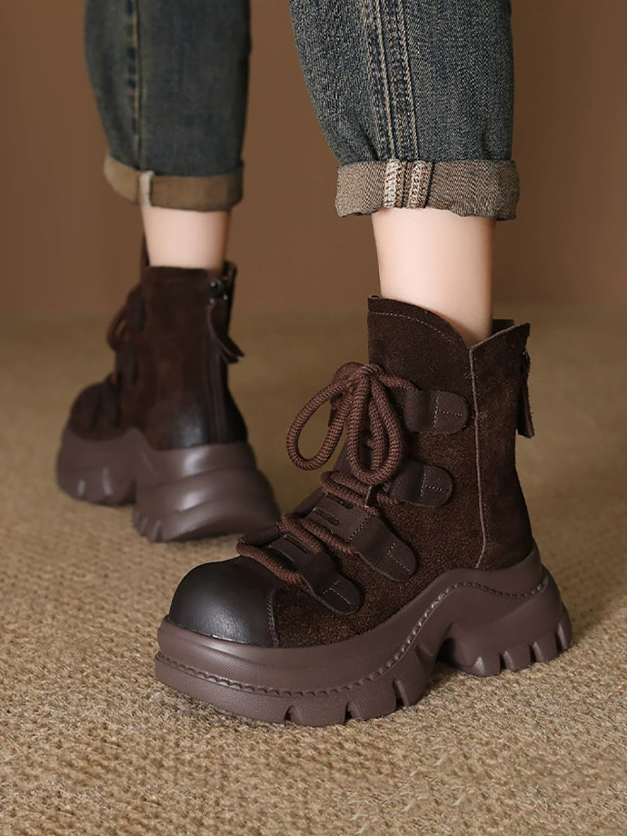Women Suede Leather Spliced Platform Martin Boots