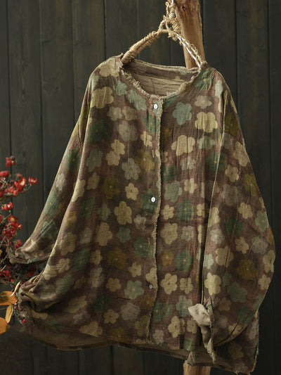 Women Autumn Retro Flower Raw-edge Cotton Blouse