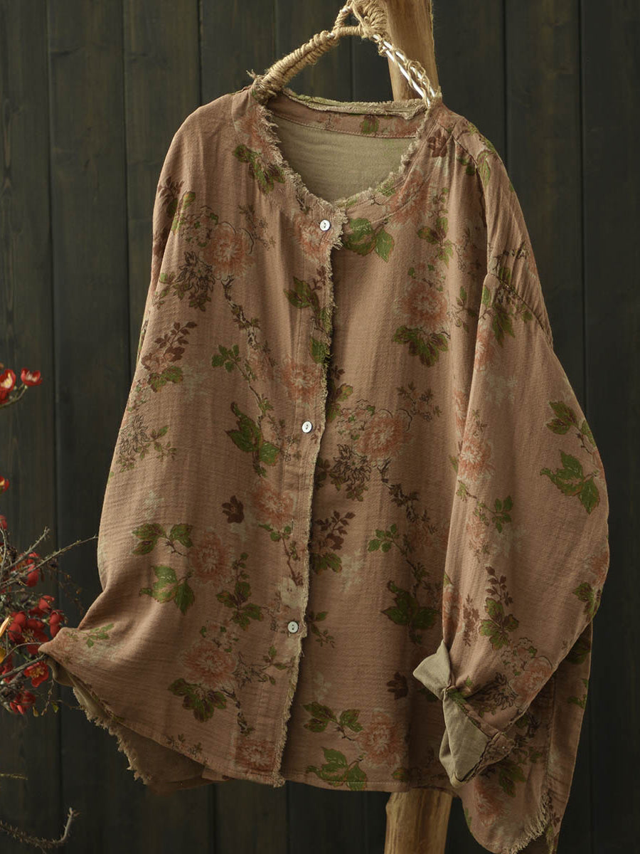 Women Autumn Retro Flower Raw-edge Cotton Blouse