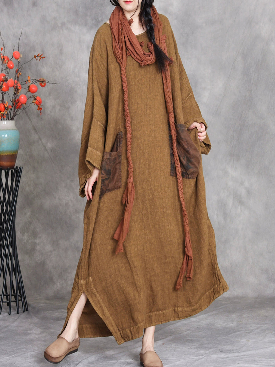 Women Autumn Vintage Spliced O-Neck Linen Maxi Dress