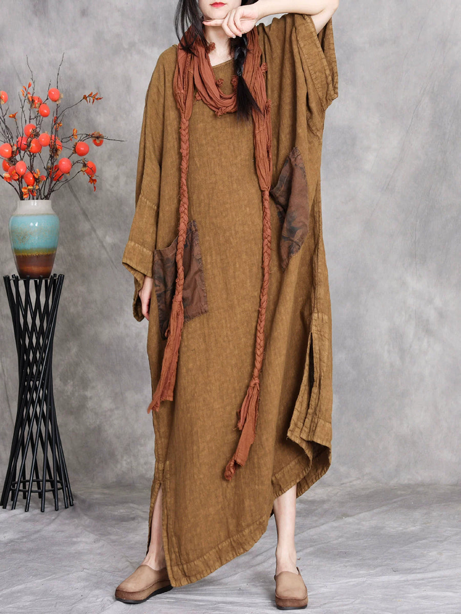 Women Autumn Vintage Spliced O-Neck Linen Maxi Dress