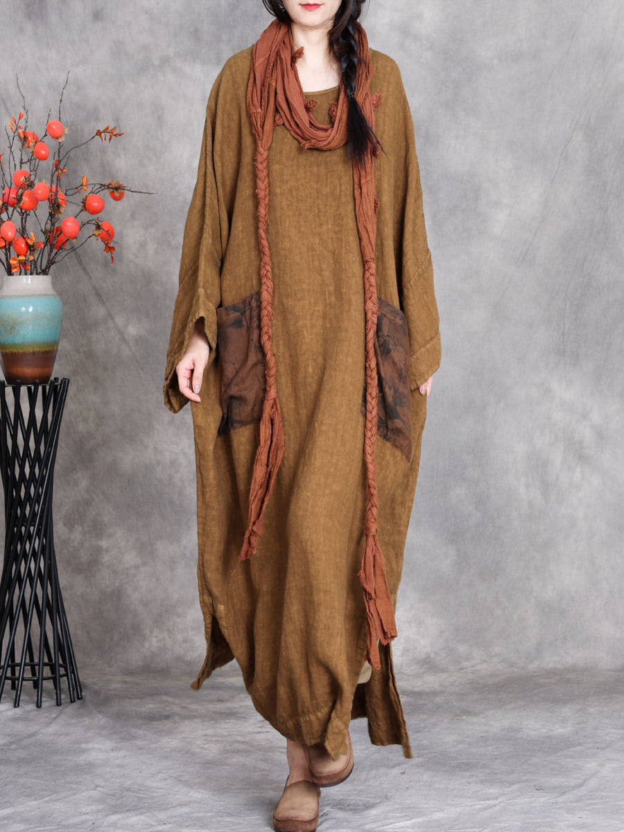 Women Autumn Vintage Spliced O-Neck Linen Maxi Dress