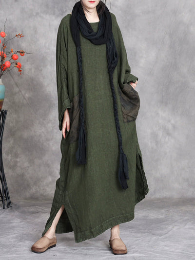 Women Autumn Vintage Spliced O-Neck Linen Maxi Dress