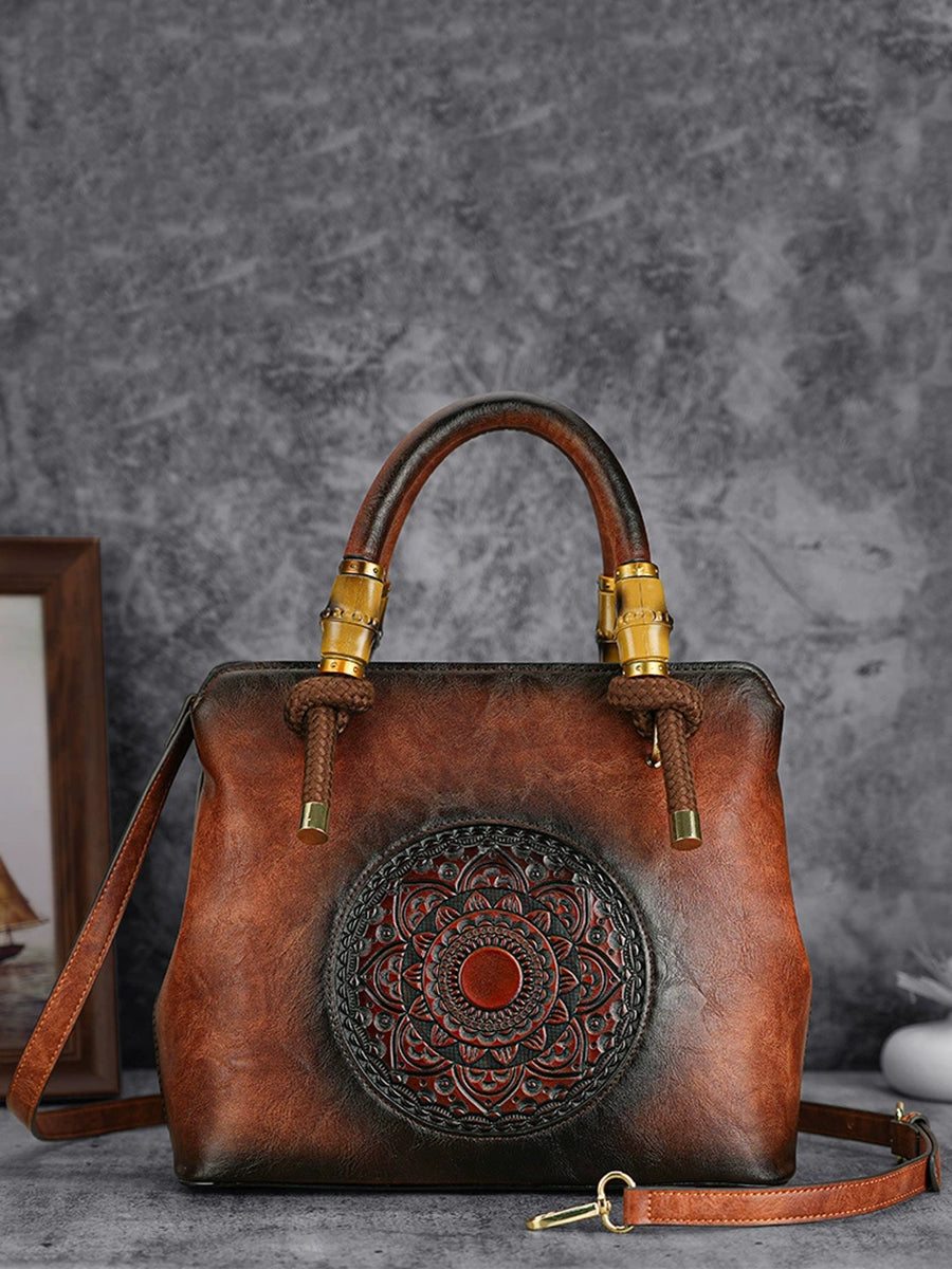 Women Vintage Flower Embossing Handbag Crossbody Bag