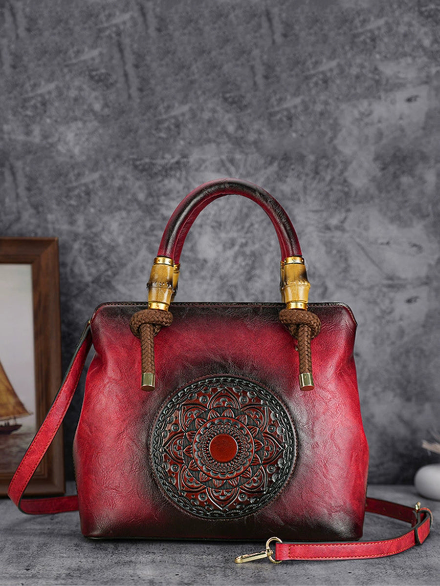 Women Vintage Flower Embossing Handbag Crossbody Bag