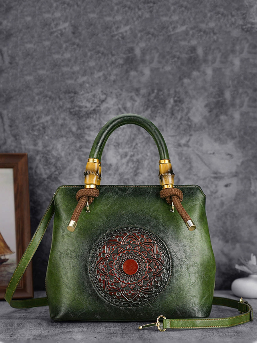 Women Vintage Flower Embossing Handbag Crossbody Bag