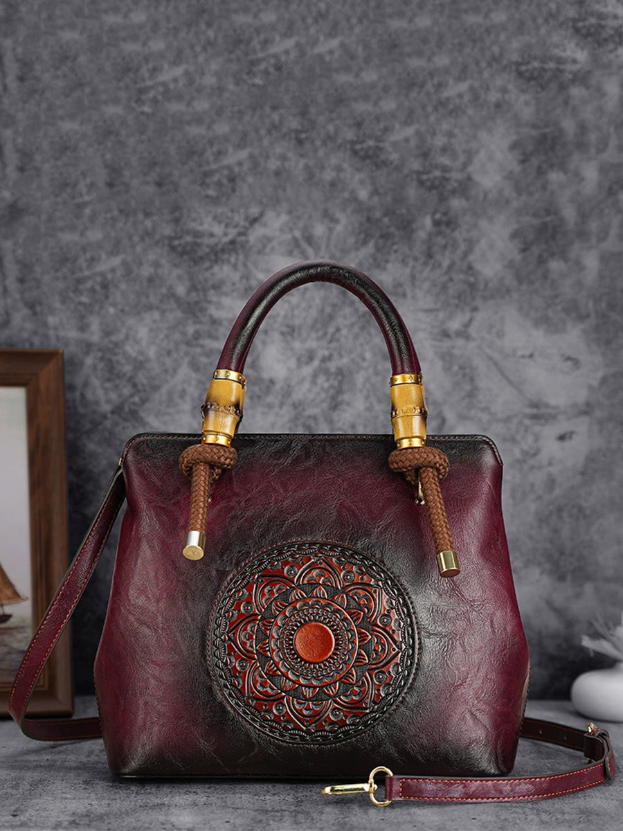 Women Vintage Flower Embossing Handbag Crossbody Bag