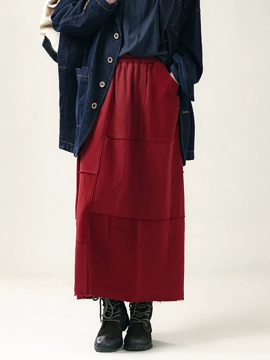 Plus Size Women Autumn Casual Pure Color A-Shape Spliced Skirt