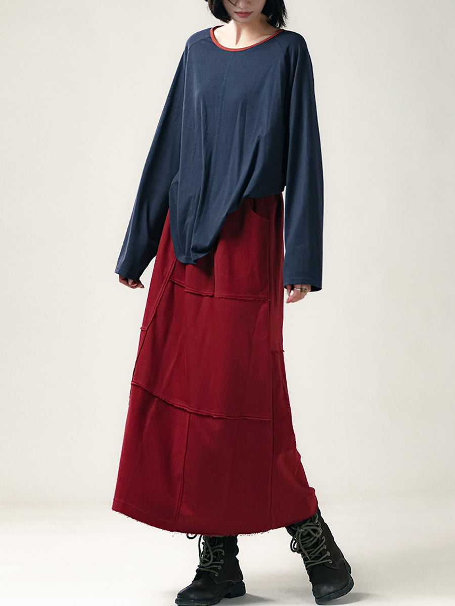 Plus Size Women Autumn Casual Pure Color A-Shape Spliced Skirt