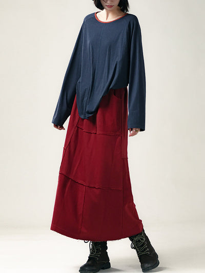 Plus Size Women Autumn Casual Pure Color A-Shape Spliced Skirt