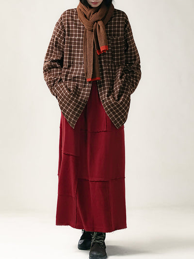 Plus Size Women Autumn Casual Pure Color A-Shape Spliced Skirt