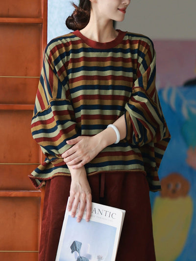 Women Autumn Casual Stripe O-Neck 100%Cotton Blouse