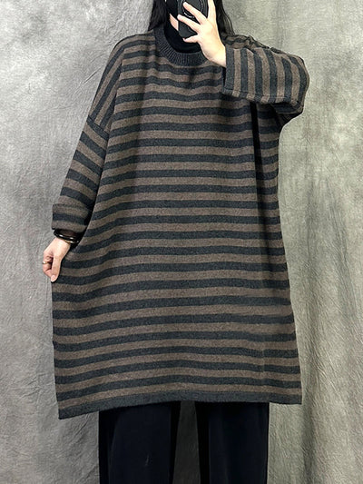 Women Autumn Casual Stripe Cotton Long Sweater
