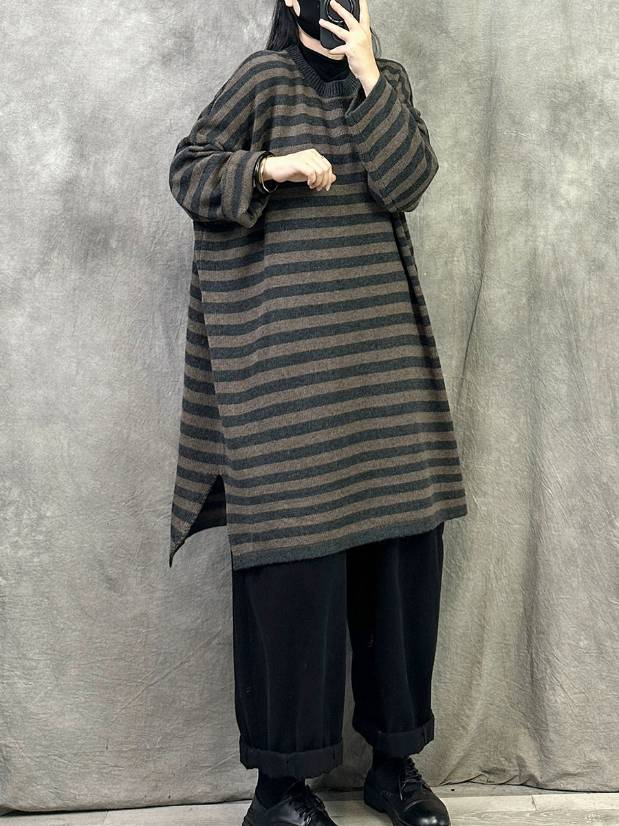 Women Autumn Casual Stripe Cotton Long Sweater